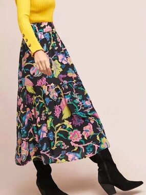 Banjanan Silk Tiered Cara Maxi Skirt in Floral Bird Print, Size S, EUC